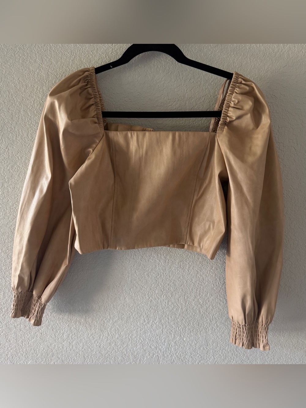 Faux Leather Square Neck Puff Sleeve Crop Top - Beige